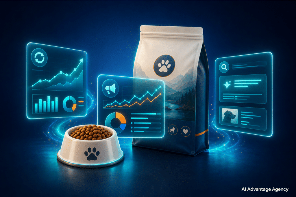 Pet ecommerce marketing — dog bowl and pet food bag with glowing subscription, paid media, and AEO content panels on a medium blue background