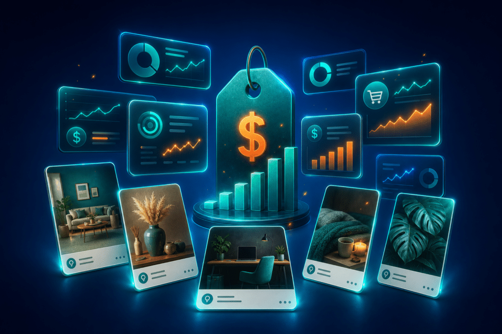 Pinterest ads cost — floating ad metric panels and pin cards with teal glow on a medium blue background