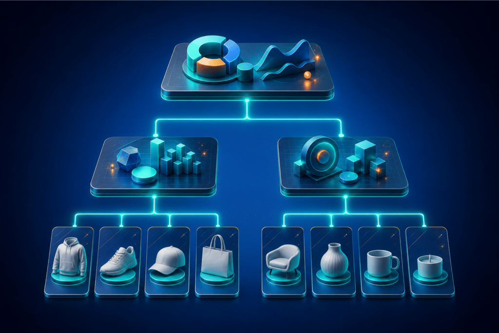 Pinterest campaign structure — three-tier architecture of campaign, ad group, and pin cards connected by glowing teal lines on a blue background