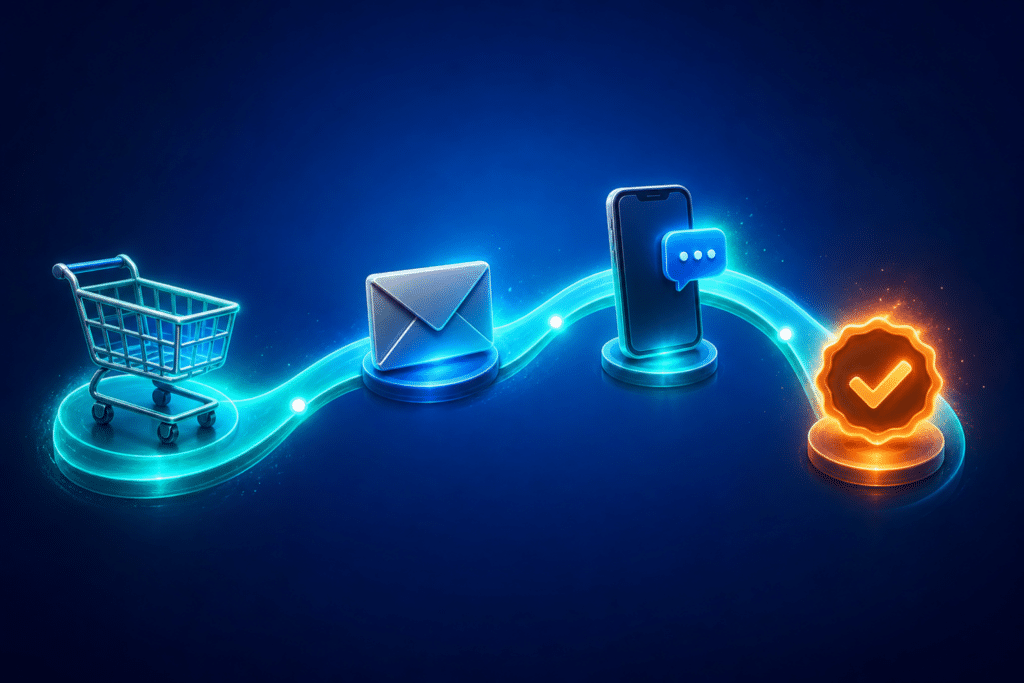 Post Black Friday retention sequence showing customer lifecycle arc from BFCM purchase through email, SMS, and repeat buying on a glowing blue background