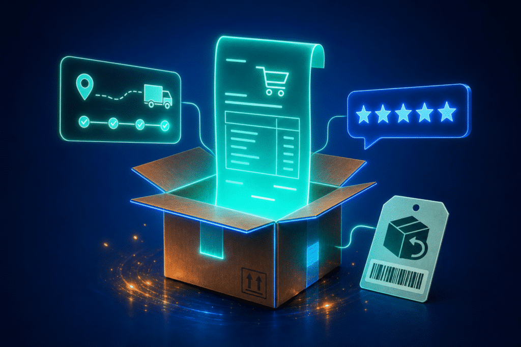 Post-purchase experience for ecommerce — glowing shipping box with order receipt, tracking card, review badge, and return label on a medium blue background