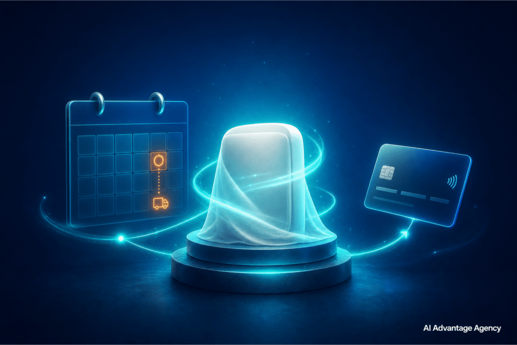 Pre-order strategy for ecommerce shown as a product on a pedestal with a future ship-date timeline and a payment card on a medium blue background