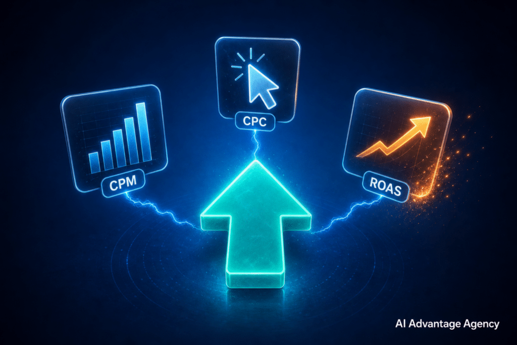 Reddit Ads cost benchmarks for ecommerce — CPM, CPC, and ROAS metric badges connected to a central upvote icon on a medium blue background