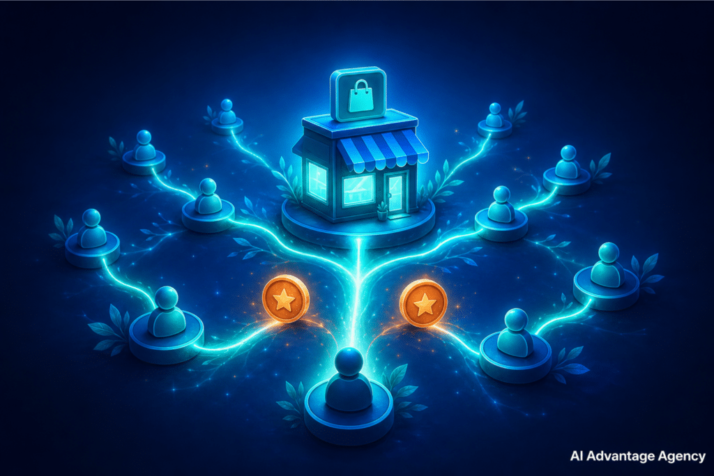 Referral programs for ecommerce shown as a glowing central node branching to customer nodes with paired reward tokens on a medium blue background