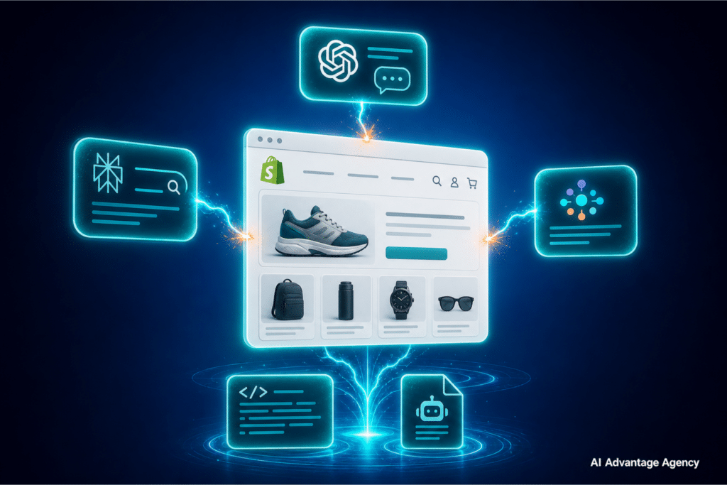 Shopify AEO — storefront panel with ChatGPT, Perplexity, and Google AI Overview citation cards connected by teal lines on a blue gradient background