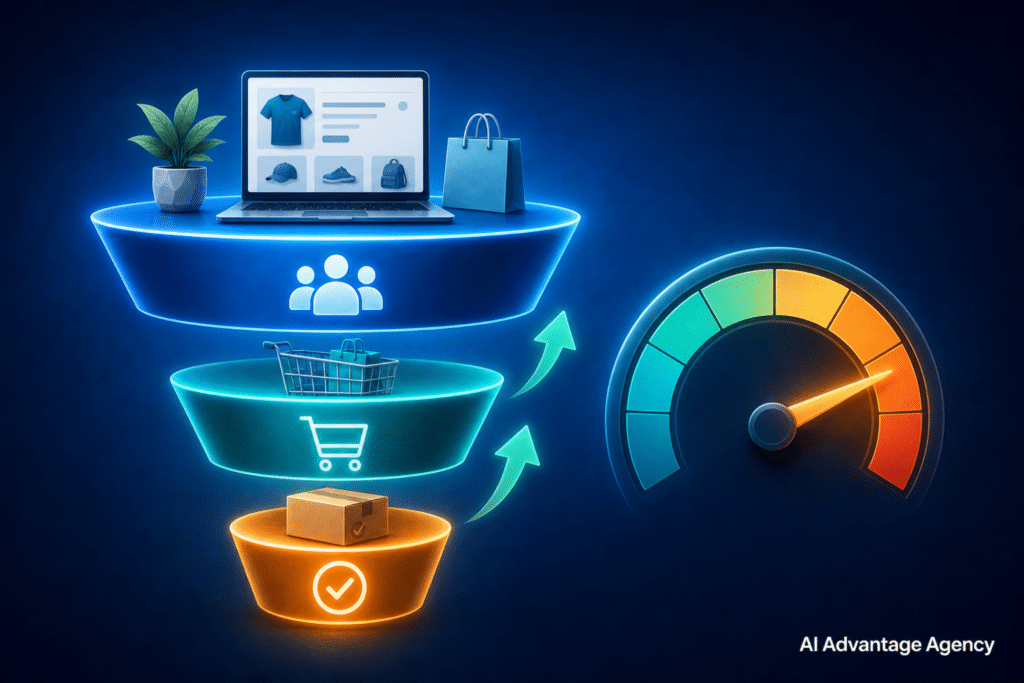 Shopify CRO (conversion rate optimization) — three-tier funnel with visitor, add-to-cart, and checkout stages with teal glow and conversion gauge on a blue gradient background