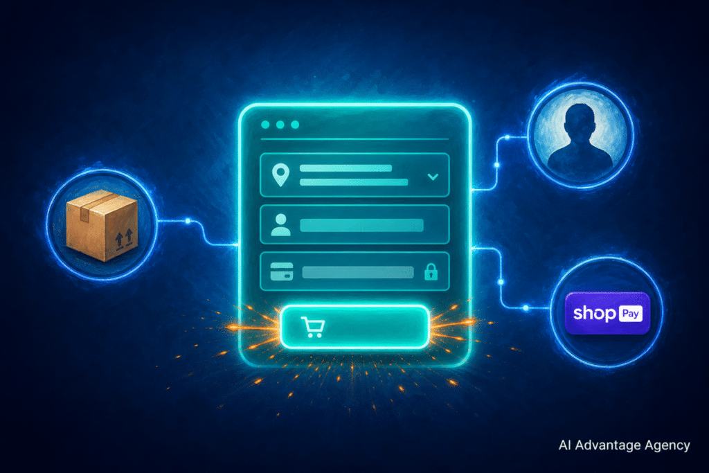 Shopify checkout optimization — one-page checkout form connected to shipping transparency, guest checkout, and express payment icons on a medium blue background