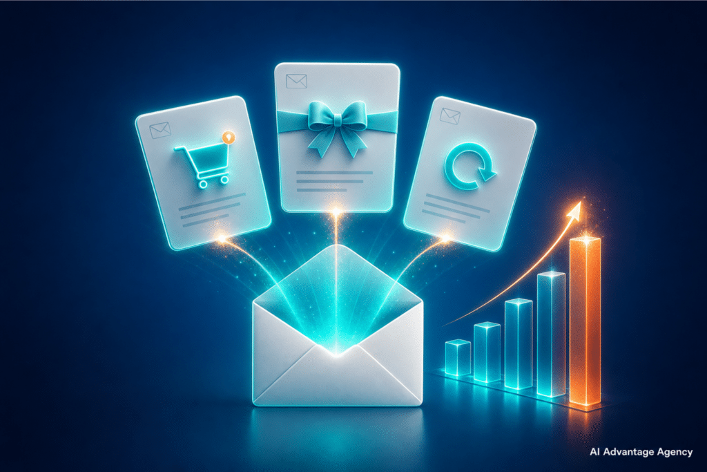 Shopify email marketing — open envelope with abandoned cart, welcome, and post-purchase email cards glowing teal on a blue gradient background