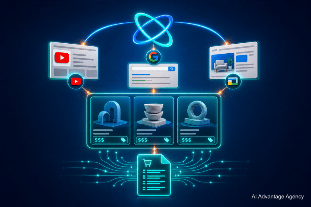 Shopify Google Ads — Google Shopping product grid connected to Performance Max orbit and Merchant Center feed document with teal glow on a blue gradient background