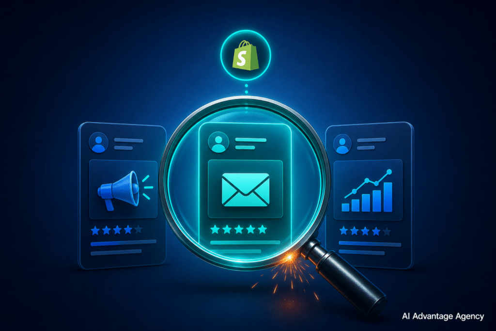 Shopify marketing agency — magnifying glass evaluating three agency profile cards with service icons and a Shopify bag filter on a blue gradient background