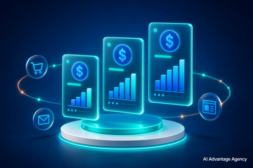 Shopify marketing agency pricing — three glowing tier panels with abstract chart shapes and channel icons on a deep blue gradient backgroun