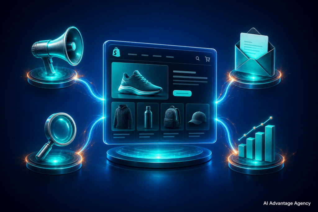 Shopify marketing — storefront panel surrounded by paid media, email, AEO, and analytics tools glowing teal on a blue gradient background