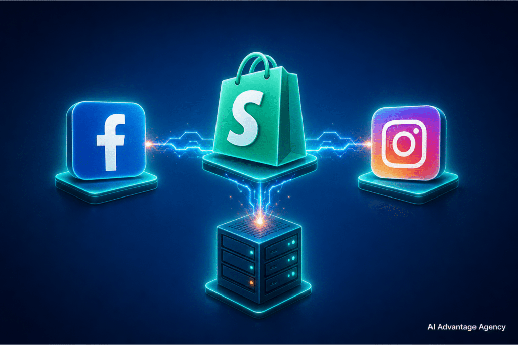 Shopify Meta ads — Shopify store icon connected to Facebook and Instagram ad cards with teal data lines and a CAPI server node on a blue gradient background