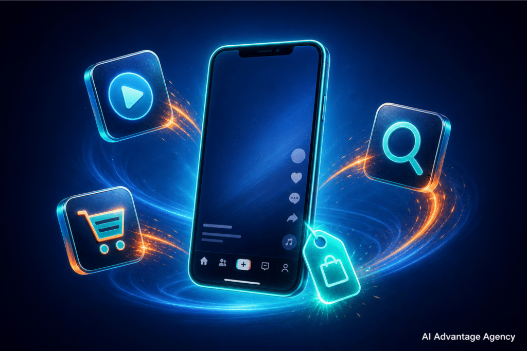 Shopify TikTok ads — phone frame with product tag surrounded by Spark Ads, GMV Max, and Search Ads icons with teal glow on a blue gradient background