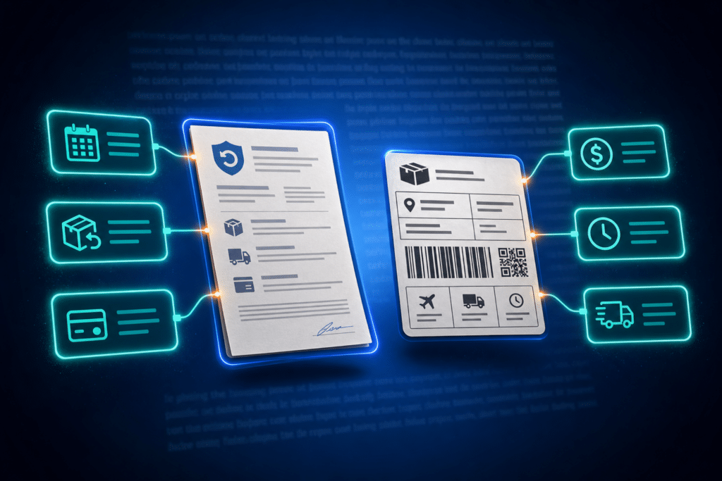 Structured data for returns and policies — return policy document and shipping label surrounded by glowing machine-readable schema field panels on a medium blue background