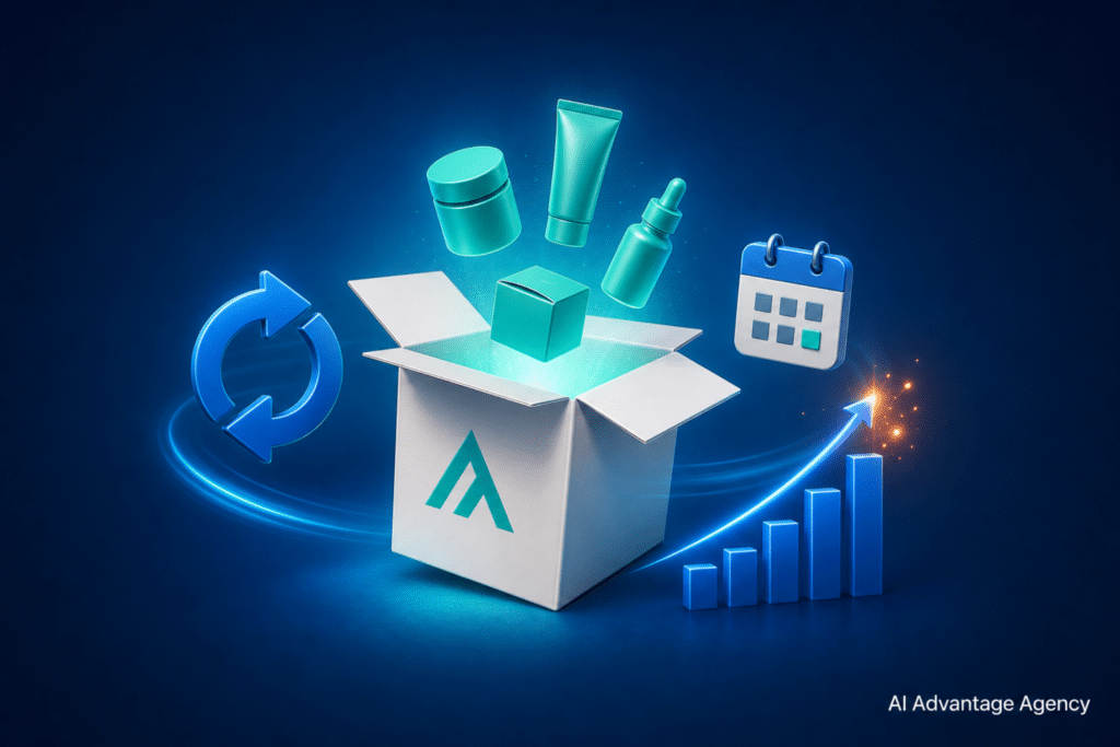 Subscription ecommerce — a glowing subscription box with floating products and repeat-purchase arrows representing a Shopify recurring revenue model