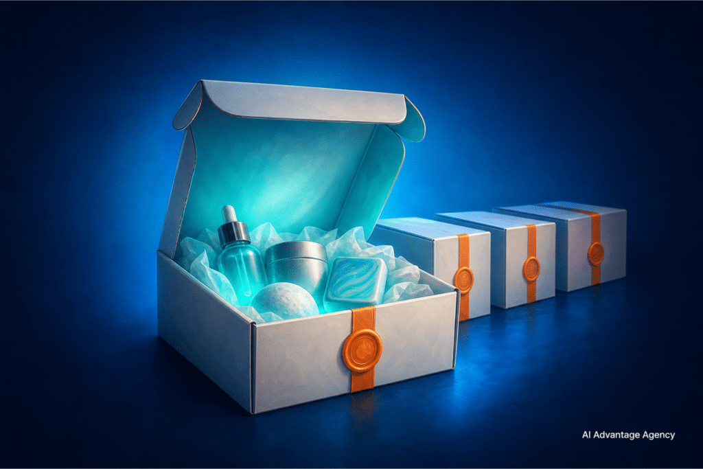 Subscription box marketing for ecommerce shown as an open box with recurring monthly deliveries receding behind it