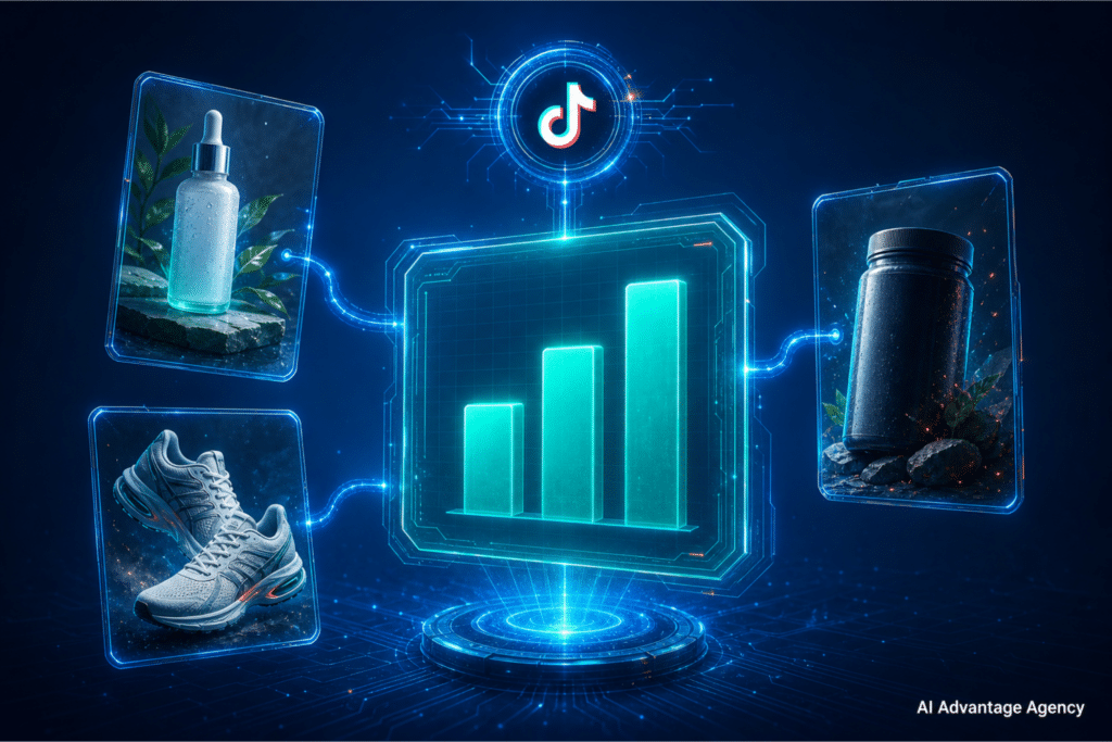 TikTok ads cost benchmarks — glowing bar chart showing CPM, CPC, and ROAS metrics connected to DTC product tiles on a medium blue background