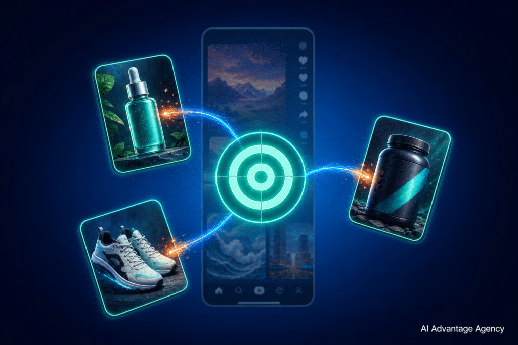 TikTok ads retargeting for ecommerce — glowing target icon with orbiting product tiles connected by arc lines on a medium blue background