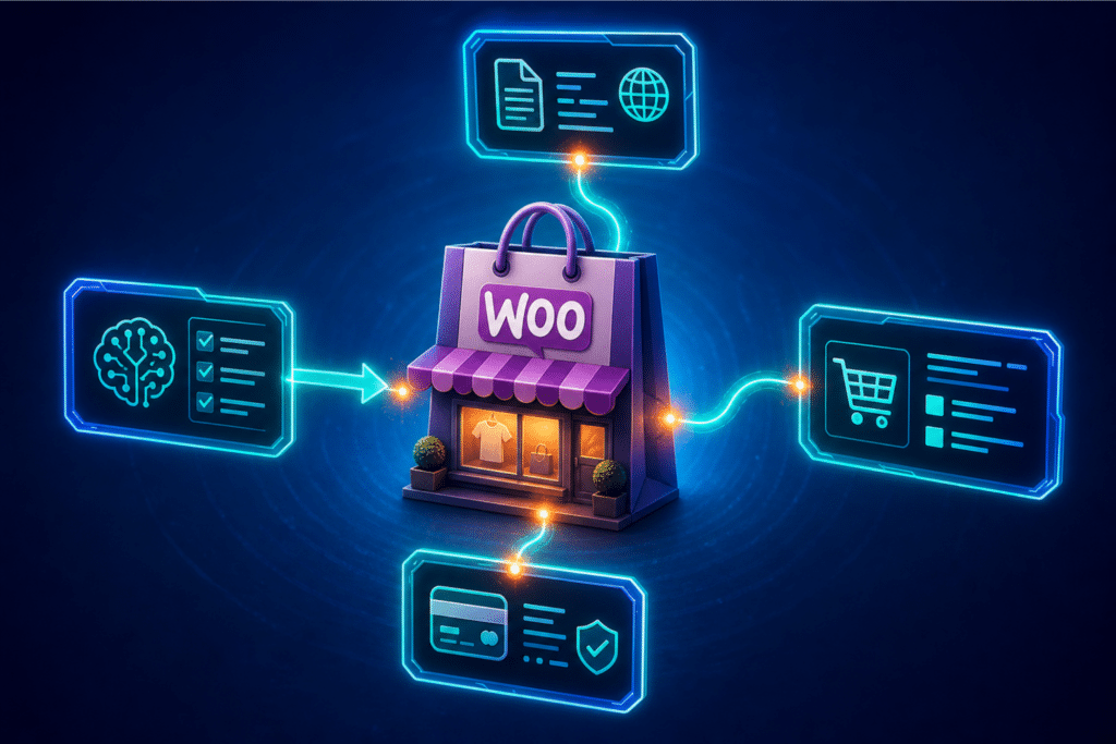 UCP for WooCommerce — storefront icon connected to discovery, cart, and checkout protocol endpoint panels on a medium blue background
