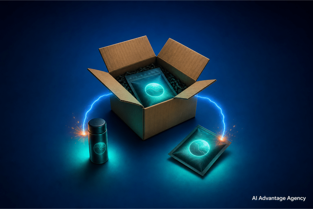 Upsell and cross-sell strategy shown as a core product branching to a premium upgrade and a complementary item on a medium blue background