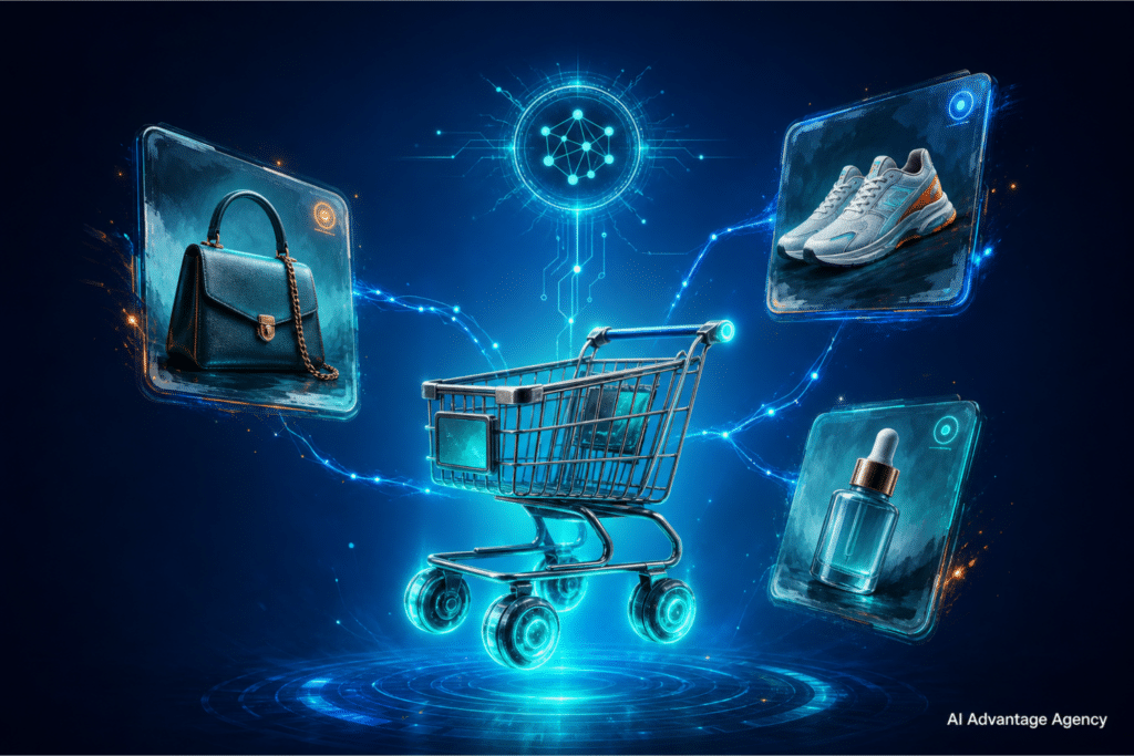 Agentic shopping — glowing shopping cart connected to ecommerce product panels by AI data lines on a medium blue background