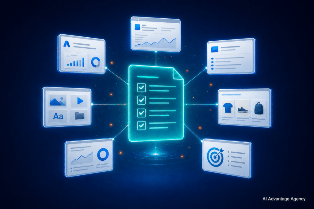 What to send an ecommerce marketing agency before your first call — glowing checklist surrounded by seven floating asset cards on a deep blue background
