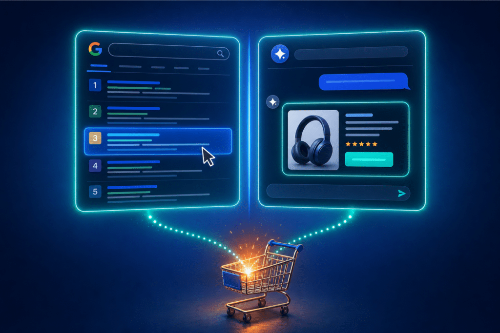 AI traffic converts differently — two glowing panels showing a Google search interface and an AI chat recommendation side by side with teal dotted paths converging at a shopping cart on a blue background