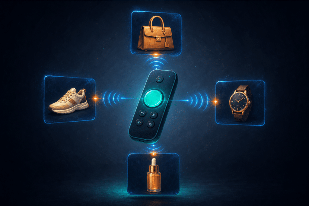 YouTube Demand Gen ads for ecommerce — a glowing illustrated remote control with four surrounding product cards representing a single Demand Gen campaign delivering ecommerce ads across YouTube in-stream, Shorts, Gmail, and Discover placements