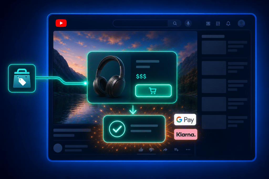 YouTube Shopping checkout via UCP — product card with checkout panel inside a YouTube ad frame connected to Merchant Center feed on a medium blue background
