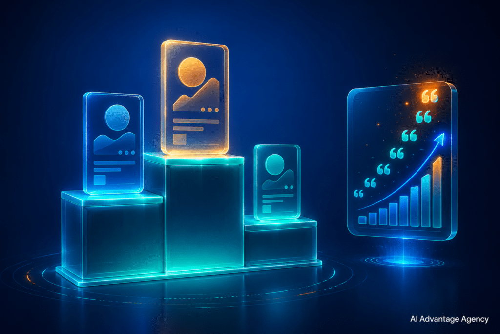 AI Search: glowing structured data blocks connected to floating product tiles and an AI search panel