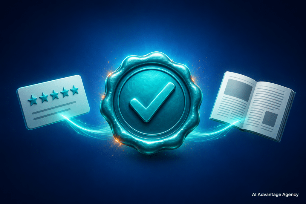 Third-party trust signals — glowing verification badge with a checkmark connected to a five-star review card and a press clipping